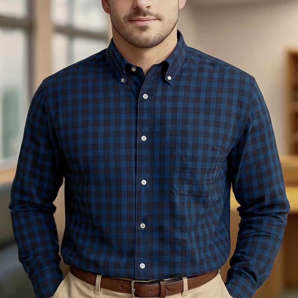 Saks Fifth Avenue Shirt Men’s XL Slim Fit Blue Black Check Long Sleeve Button Up